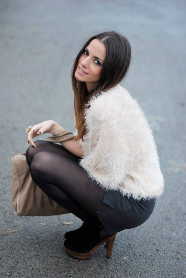 Brunette Girl wearing Fur Coat and Black Opaque Pantyhose
